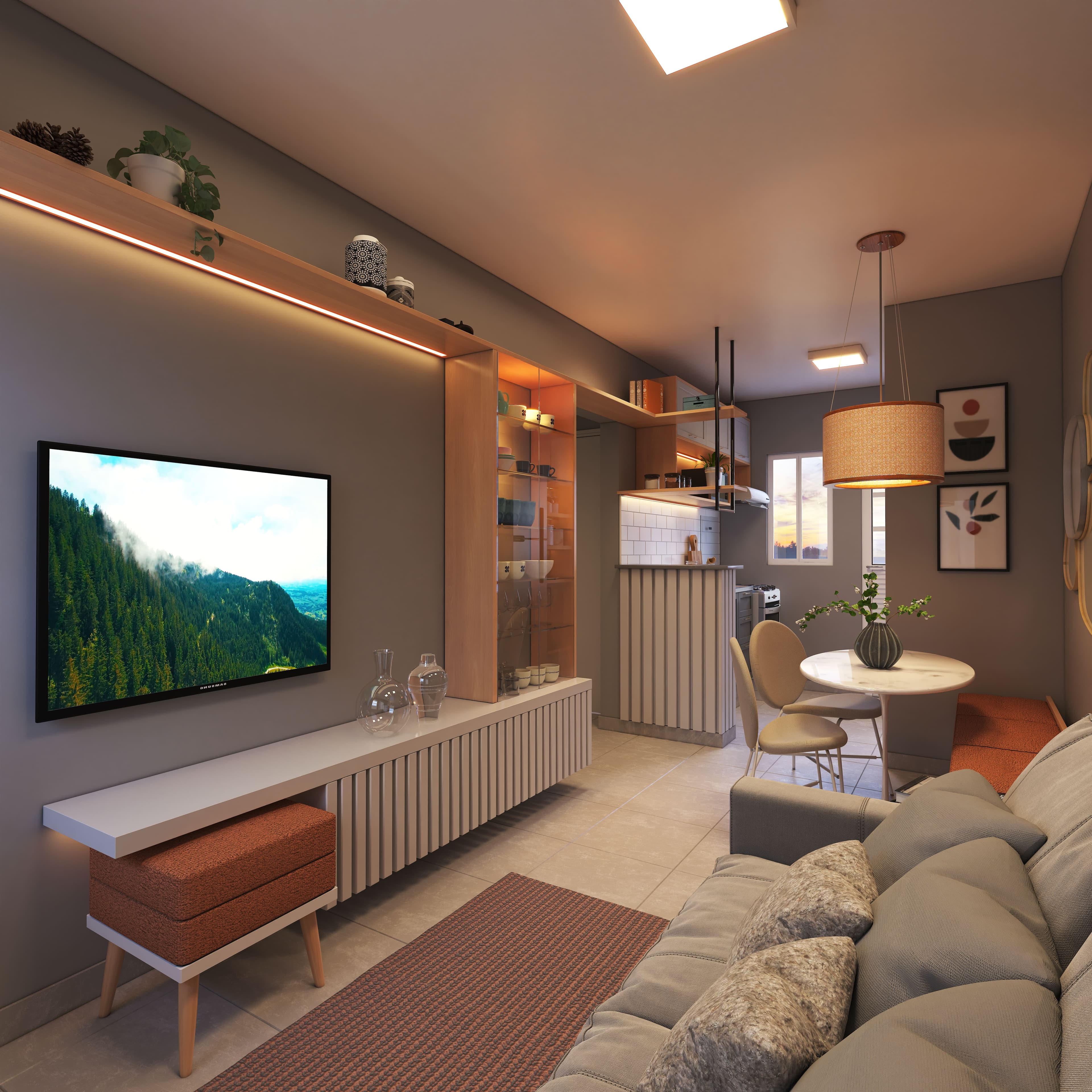 Sala de estar e jantar integrada com sofá, painel de TV planejado e iluminação embutida.